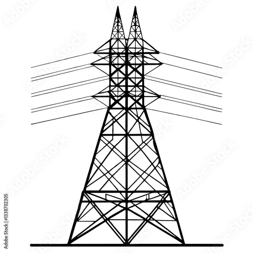 A towering steel pylon carries high-voltage power lines against a vibrant sunset sky