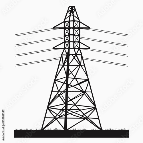 A towering steel pylon carries high-voltage power lines against a vibrant sunset sky