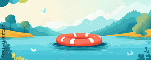 Tranquil lake with floating lifebuoy in scenic mountain landscape at sunrise.