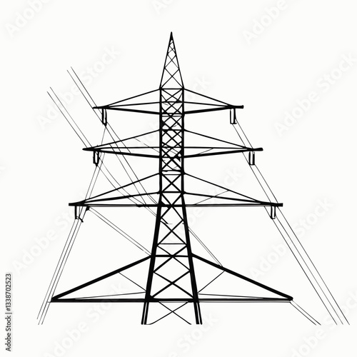 A towering steel pylon carries high-voltage power lines against a vibrant sunset sky
