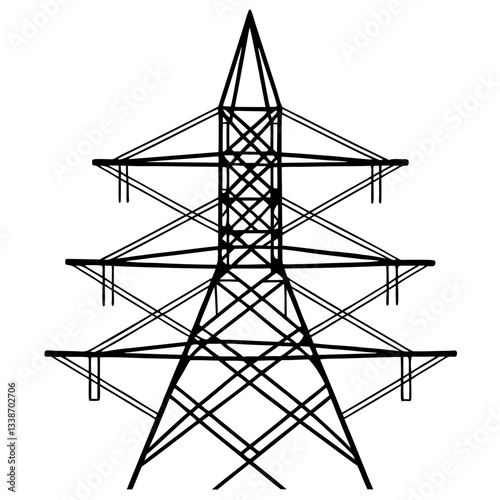 A towering steel pylon carries high-voltage power lines against a vibrant sunset sky
