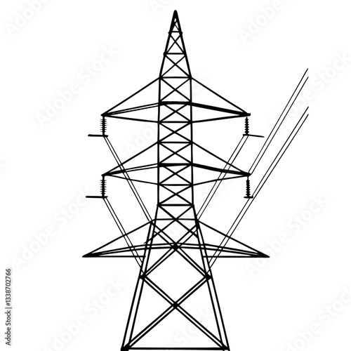 A towering steel pylon carries high-voltage power lines against a vibrant sunset sky