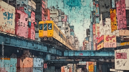 Wallpaper Mural Yellow train travels above a dense colorful cityscape on rails Torontodigital.ca