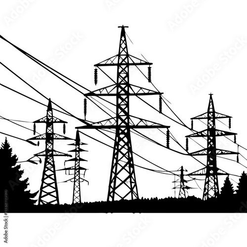 A towering steel pylon carries high-voltage power lines against a vibrant sunset sky