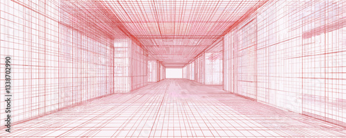 Red linear perspective of abstract 3d architectural tunnel with geometric grid patterns.