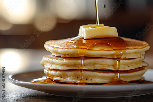 Fluffy Stacked Pancakes: Indulgent Maple Syrup Brunch at Breakfast Table