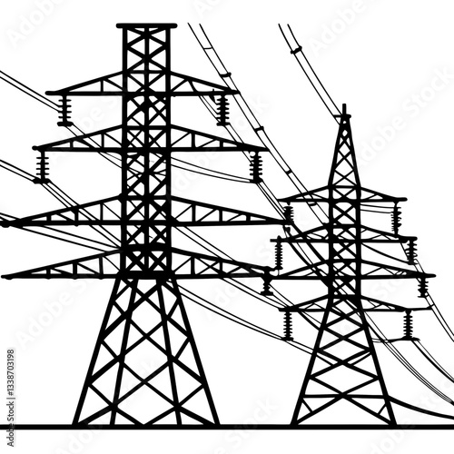 A towering steel pylon carries high-voltage power lines against a vibrant sunset sky
