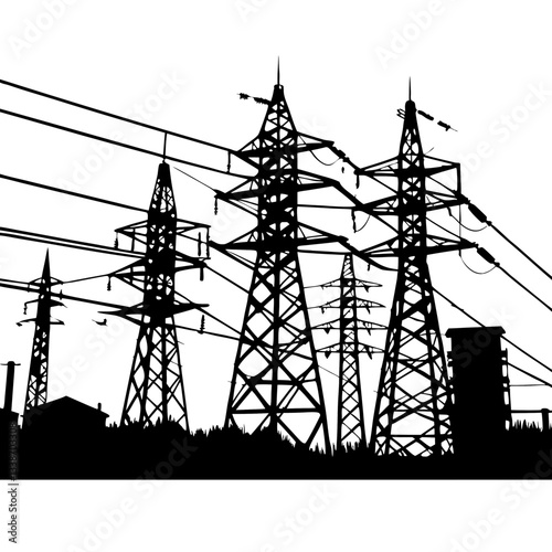 A towering steel pylon carries high-voltage power lines against a vibrant sunset sky