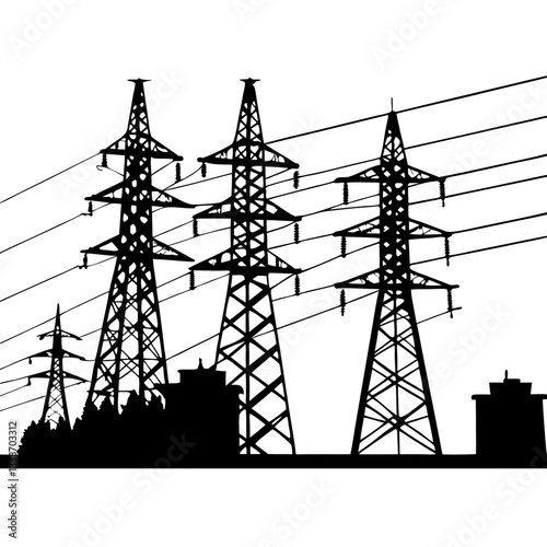 A towering steel pylon carries high-voltage power lines against a vibrant sunset sky