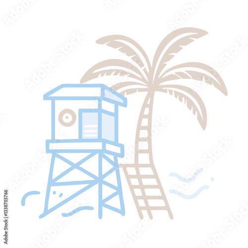 Minimalist Beach Scene with Lifeguard Tower and Palm