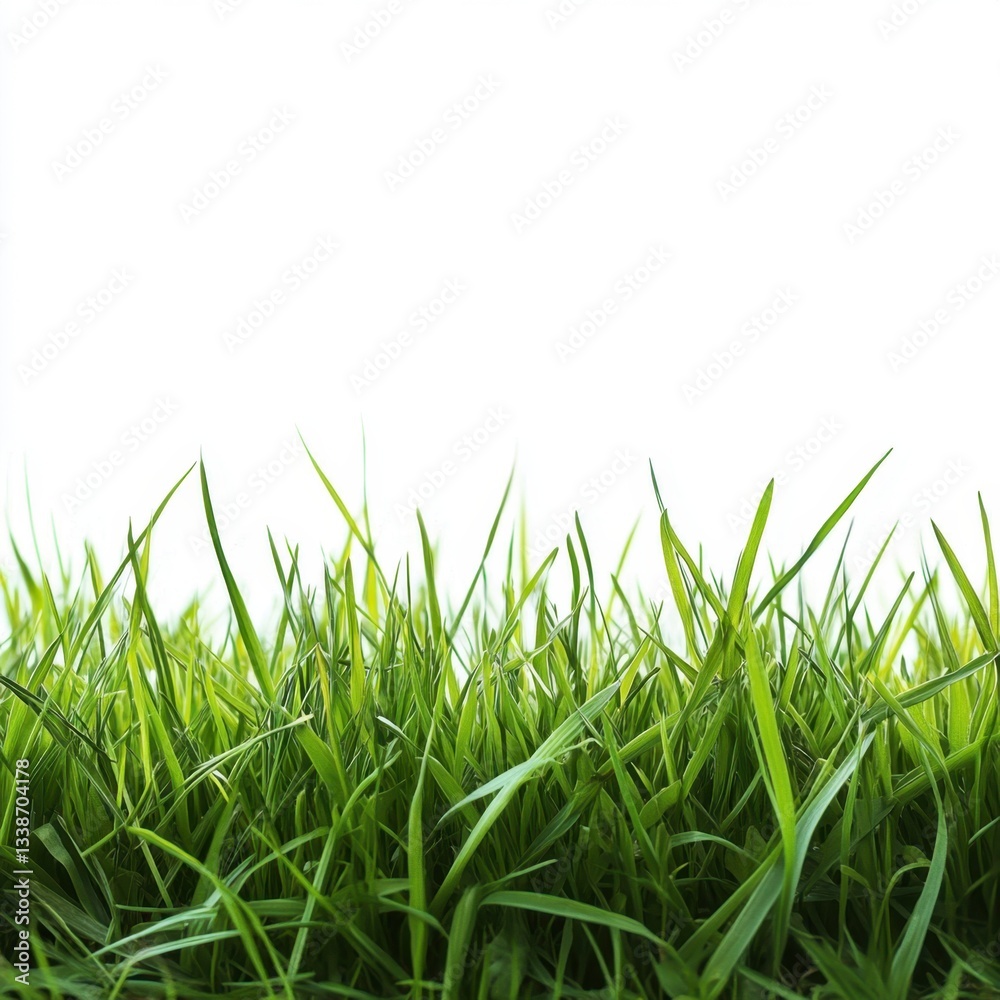 Fototapeta premium Fresh Green Grass Blades Against a Clean White Backdrop Capturing the Essence of Spring and New Beginnings in a Natural Style