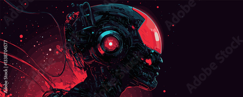 Futuristic cybernetic figure with red helmet in digital artwork.