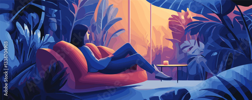 Cozy evening with relaxed woman on sofa in vibrant nature-inspired room.