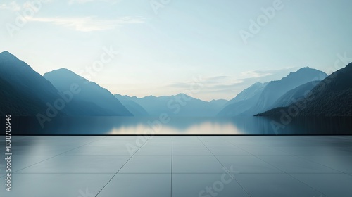 Minimalist Background with Empty Floor Overlooking Mountains and Calm Waters