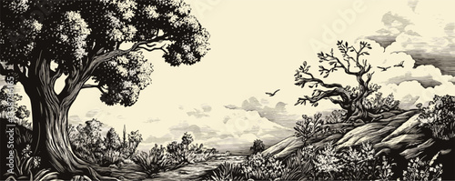 Vintage landscape with trees and birds in detailed woodcut style artwork.