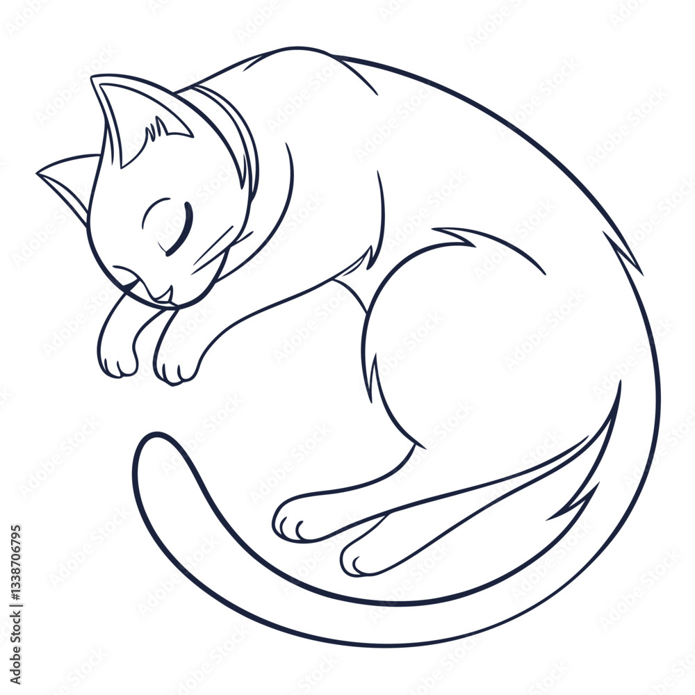 Naklejka premium Minimalist Line Art of a Sleeping Cat in a Curled Position