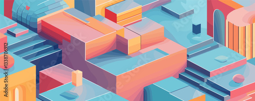 Colorful abstract geometric blocks in a vibrant 3d cityscape.