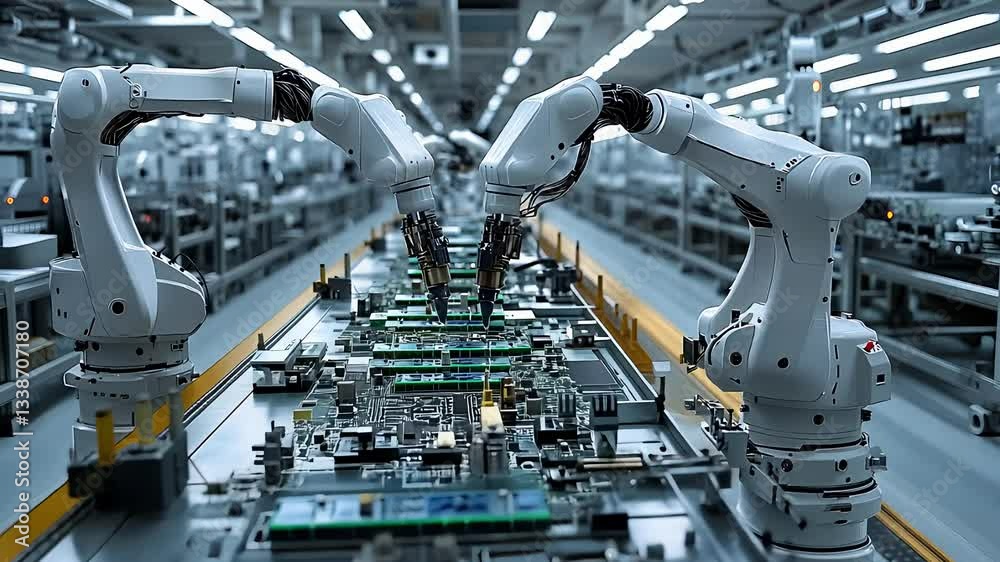 Industrial robotic arms assembling circuit boards in a high-tech manufacturing facility.
Industrial robotic arms assembling circuit boards in a high-tech manufacturing facility.