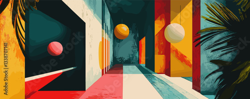 Abstract colorful geometric corridor with spheres and bold shadows.