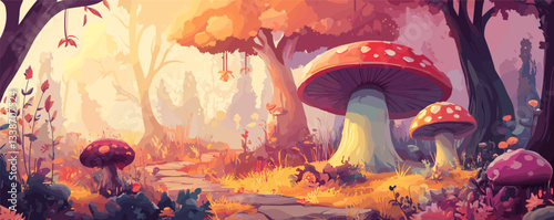 Enchanted forest with giant mushrooms at sunrise in a mystical autumn landscape.