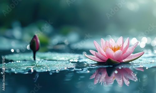 Calm nature photography serene water lily blossoms in pond photo