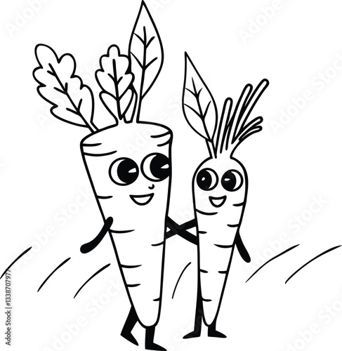 Adorable Kawaii Carrots with Smiling Faces Surrounded by Hearts and Leaves