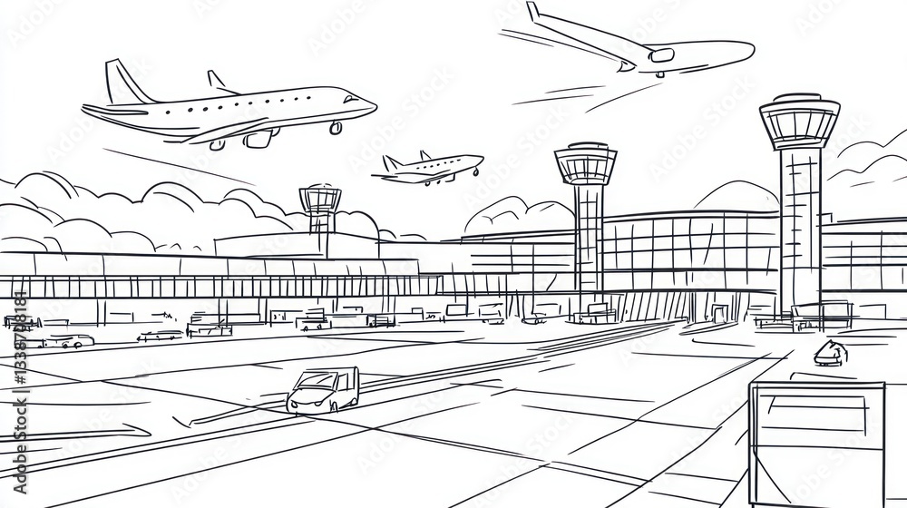 Fototapeta premium Airport sketch, planes, terminal, background vehicles