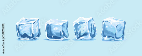 Four transparent ice cubes aligned on light blue background.