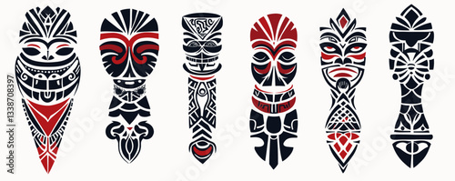 Polynesian tribal masks in red and black with intricate geometric patterns.