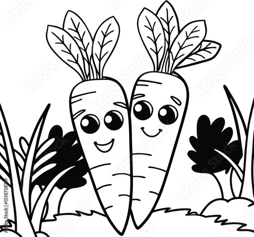 Adorable Kawaii Carrots with Smiling Faces Surrounded by Hearts and Leaves