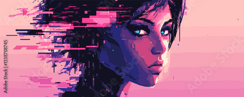 Digital artwork of woman with glitch effect and intense expression.