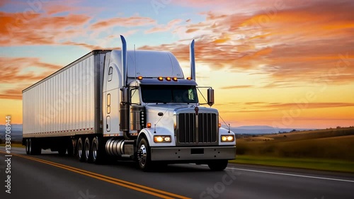 A semi-truck cruises down a rural highway, bathed in the warm glow of a setting sun.