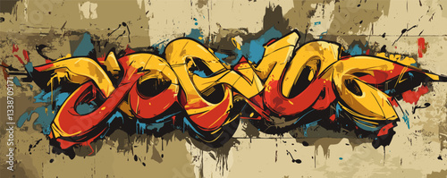 Colorful urban graffiti art on grungy wall with abstract shapes and bold colors.