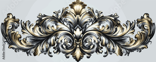 Ornate baroque style floral decorative motif with gold and black leaf patterns.