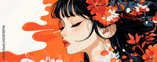 Profile of woman with floral accents and vibrant colors in artistic illustration.