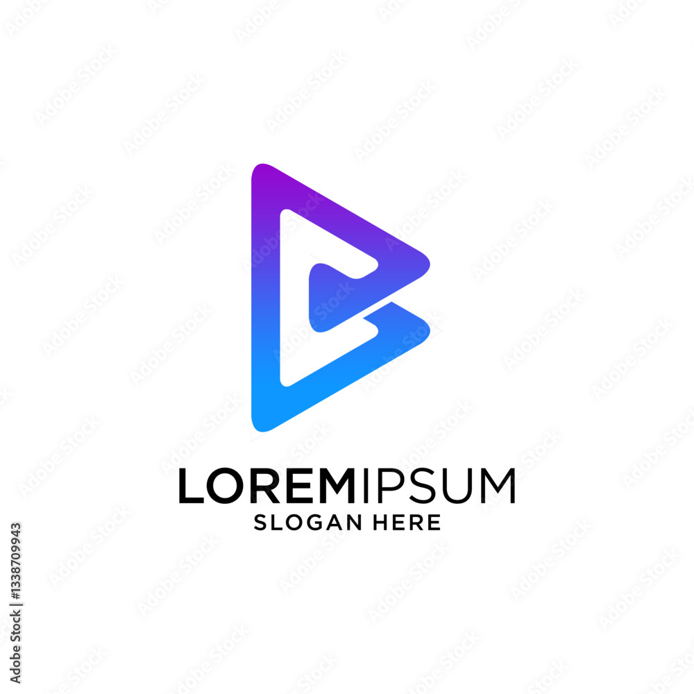 Abstract Play Button Logo Design: Blue Purple Gradient Triangle on White Background Abstract Play Button Logo Design: Blue Purple Gradient Triangle on White Background