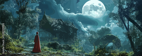 Mysterious night scene with cloaked figure and moonlit house in enchanted forest.