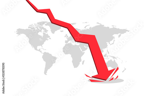 Economic Recession Chart Design with Falling Red Arrow and Global Map Background