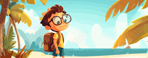 Happy young boy with backpack strolling on a tropical beach.