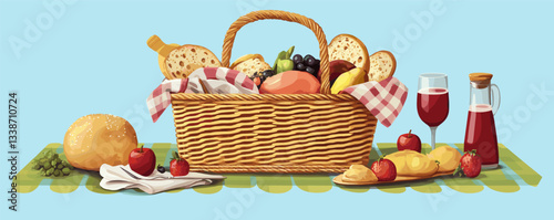 Picnic basket with fresh bread, fruits, and wine on checkered cloth.