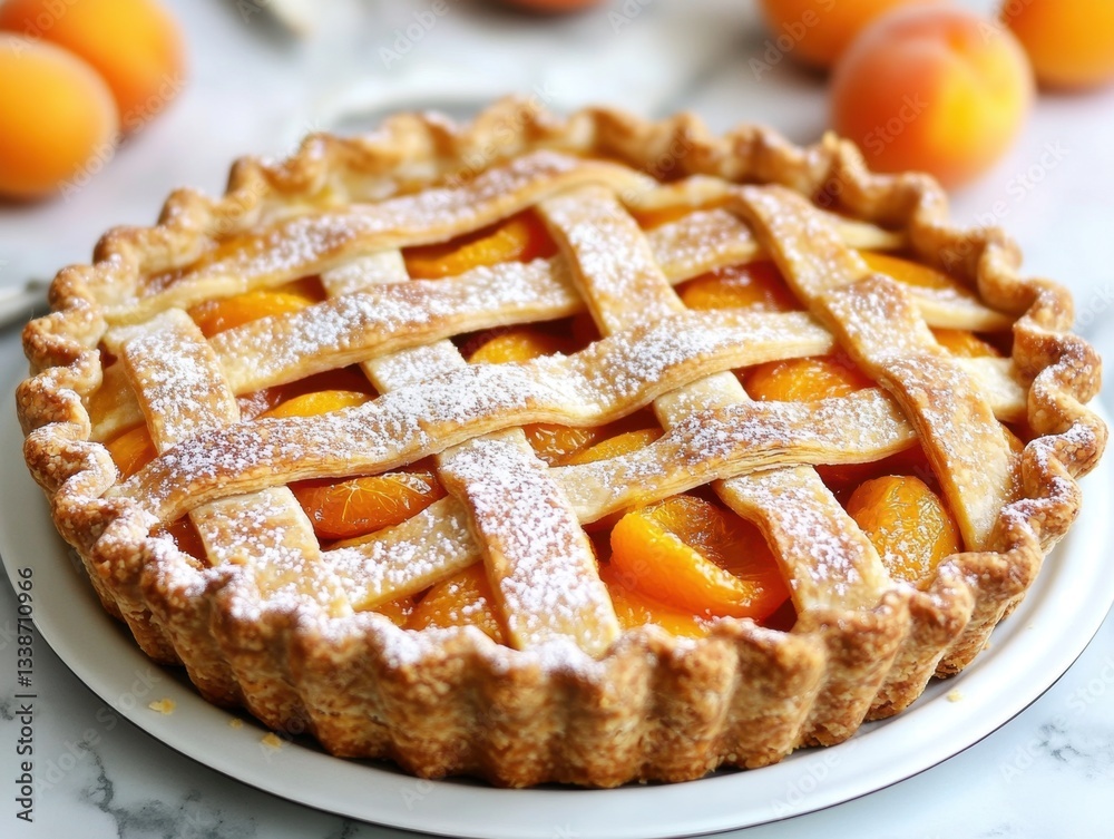 Delicious homemade peach pie with lattice crust dusted with powdered sugar on a white plate Delicious homemade peach pie with lattice crust dusted with powdered sugar on a white plate