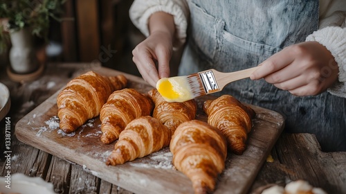 Artisan Baker Glazing Delicious Croissants Pastry
