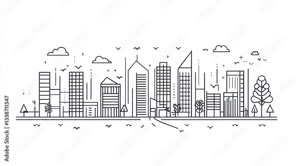 Obraz premium Linear city skyline illustration with birds