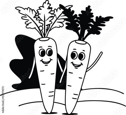 Adorable Kawaii Carrots with Smiling Faces Surrounded by Hearts and Leaves