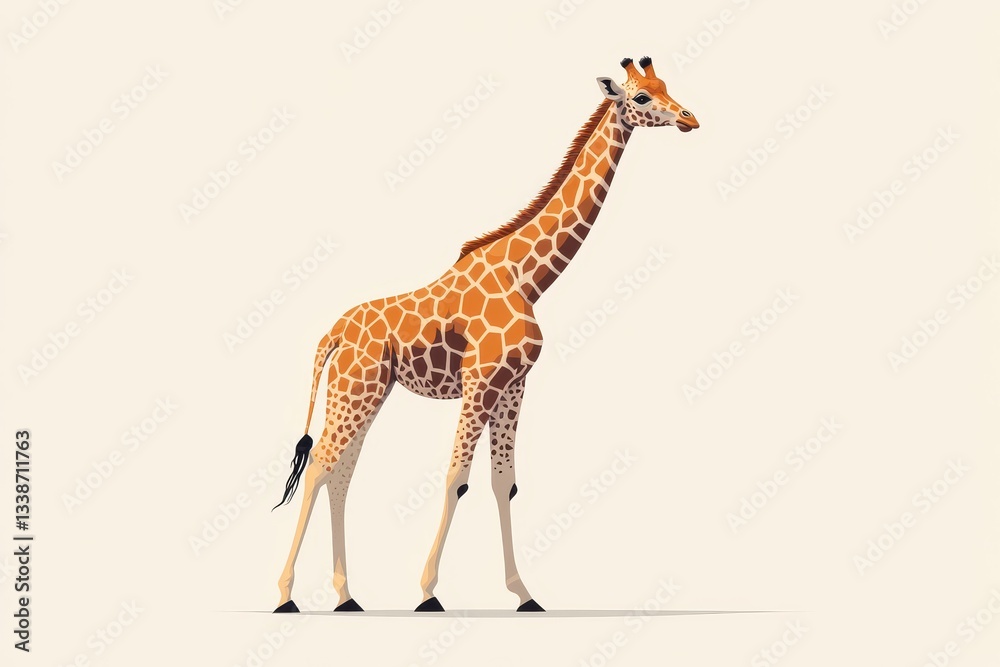 Fototapeta premium Illustrative depiction of a solitary giraffe with a detailed pattern on its coat standing gracefully against a plain background showcasing its elegance.