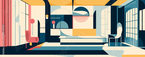 Modern geometric interior design with bold colors and shapes in contemporary living space.