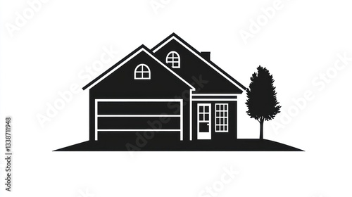 Simple Silhouette of a Suburban House with Tree, Ideal for Real Estate or Design photo