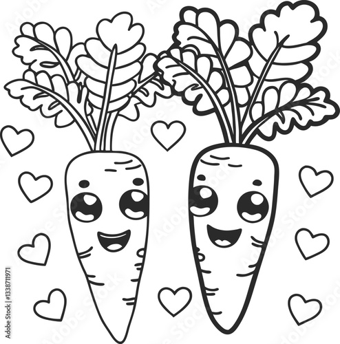 Adorable Kawaii Carrots with Smiling Faces Surrounded by Hearts and Leaves