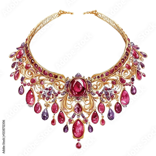 A watercolor vector painting of an intricate ruby and gold choker necklace luxurious, isolated on a white background.
