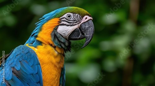Colorful Macaw Perched Gracefully in Tropical Greenery with Detailed Feathers and Vibrant Colors
